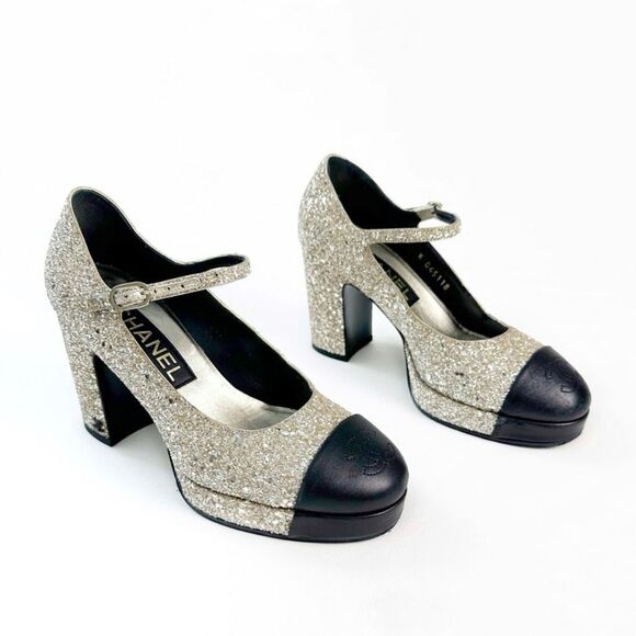 CHANEL 2023 Light Gold Glitter Black Mary Jane Heels 36 Cap Toe CC Logo Platform - Picture 1 of 16
